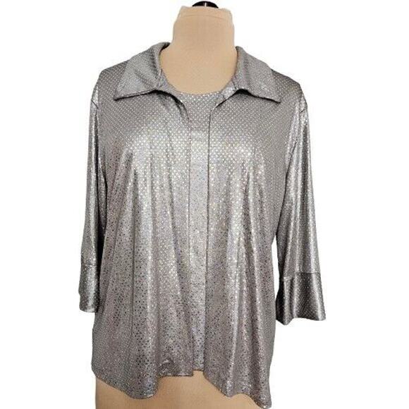 Silver Metallic Button Up Shirt Over Tank Top Womens Medium Holiday Festive - Picture 1 of 11